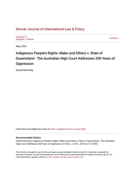 Indigenous People's Rights: Mabo and Others V. State of Queensland - the Australian High Court Addresses 200 Years of Oppression