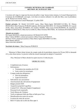 Cm 29.07.2020 Conseil Municipal De Coarraze Reunion Du 29