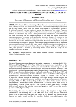 PERCEPTIONS on the COMMERCIALIZATION of the MALU: a CASE of SAMOA Bernadette Samau Department of Management and Marketing, National University of Samoa