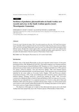 Incidence of Predatory Phytoseiid Mites in Saudi Arabia: New Records and a Key to the Saudi Arabian Species (Acari: Mesostigmata: Gamasina)