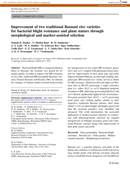 Improvement of Two Traditional Basmati Rice Varieties for Bacterial Blight Resistance and Plant Stature Through Morphological and Marker-Assisted Selection