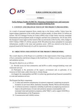 PUBLIC COMMUNICATION NOTE TURKEY Turkey Refugee Facility II