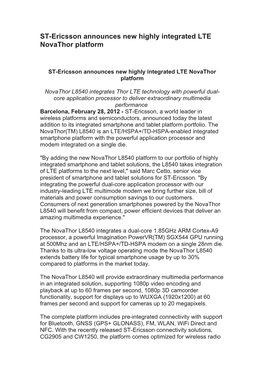 ST-Ericsson Announces New Highly Integrated LTE Novathor Platform