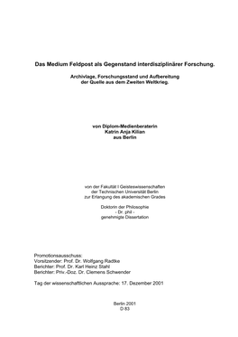 Das Medium Feldpost Als Gegenstand Interdisziplinärer Forschung