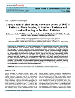 Unusual Rainfall Shift During Monsoon Period of 2010 in Pakistan: Flash Flooding in Northern Pakistan and Riverine Flooding in Southern Pakistan