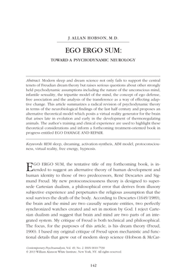 EGO ERGO SUM: Toward a Psychodynamic Neurology