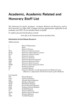 Academic, Academic Related and Honorary Sta¡ List