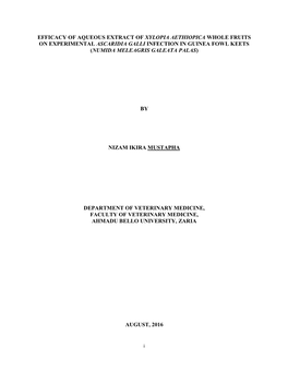 Efficacy of Aqueous Extract of Xylopia Aethiopica Whole Fruits on Experimental Ascaridia Galli Infection in Guinea Fowl Keets (Numida Meleagris Galeata Palas)