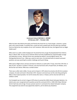 Lieutenant Colonel MICHAEL C. GRIMM 18 February 1947 - 7 October 1981