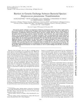 Streptococcus Pneumoniae Transformation JACEK MAJEWSKI,1* PIOTR ZAWADZKI,2† PAUL PICKERILL,3‡ FREDERICK M