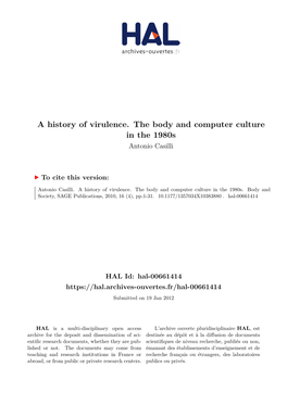 A History of Virulence. the Body and Computer Culture in the 1980S Antonio Casilli