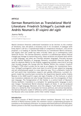 German Romanticism As Translational World Literature: Friedrich Schlegel's Lucinde and Andrés Neuman's El Viajero Del Siglo