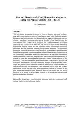 Fears of Disaster and (Post-)Human Raciologies in European Popular Culture (2001–2013)