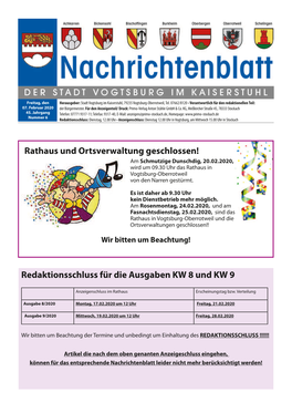 Rathaus Und Ortsverwaltung Geschlossen! Am Schmutzige Dunschdig, 20.02.2020, Wird Um 09.30 Uhr Das Rathaus in Vogtsburg-Oberrotweil Von Den Narren Gestürmt