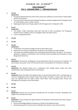 Shankar Ias Academytm Prestormingtm Test 2 - Modern India - I - Explanation Key