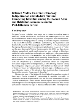 Between Middle Eastern Heterodoxy, Indigenization and Modern Shi'ism: Competing Identities Among the Balkan Alevi and Bektashi Communities in the Post-Ottoman Period