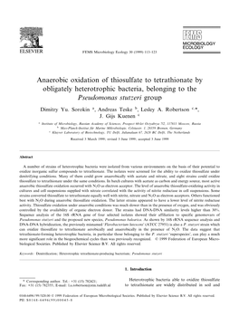 Anaerobic Oxidation of Thiosulfate to Tetrathionate by Obligately Heterotrophic Bacteria, Belonging to the Pseudomonas Stutzeri Group