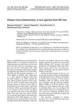 Klasea Nana (Asteraceae), a New Species from NE Iran