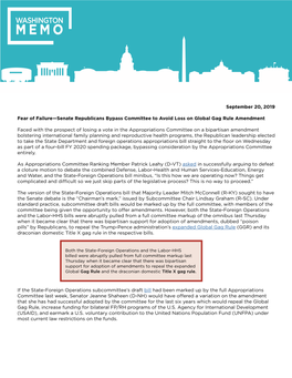 September 20, 2019 Fear of Failure—Senate Republicans Bypass Committee to Avoid Loss on Global Gag Rule Amendment Faced with T