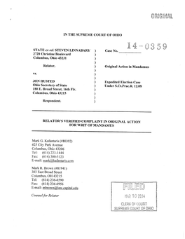 IN the SUPREME COURT of OHIO Columbus, Ohio 43231 Case No. 180 E. Broad Street, 16Th Flr. Columbus, Ohio 43215 RELATOR's VERIFIE