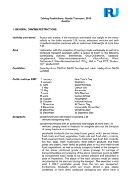 Driving Restrictions, Goods Transport, 2017 Austria 1. GENERAL