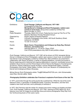 Punk Passage: California and Beyond, 1977-1981 Photographs by Ruby Ray Mining Denver’S Underground Rock Photography: Seldom Seen Scenes in Local Music