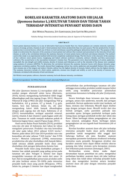 KORELASI KARAKTER ANATOMI DAUN UBI JALAR (Ipomoea Batatas L.) KULTIVAR TAHAN DAN TIDAK TAHAN TERHADAP INTENSITAS PENYAKIT KUDIS DAUN