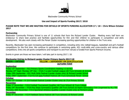 Blackwater Community Primary School Use and Impact of Sports Funding 2017/ 2018 PLEASE NOTE THAT WE ARE WAITING for DETAILS of S