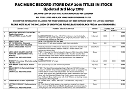 P&C MUSIC RECORD STORE DAY 2018 TITLES in STOCK Updated