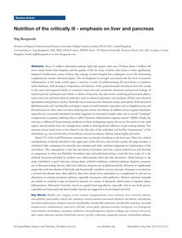 Nutrition of the Critically Ill - Emphasis on Liver and Pancreas