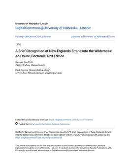 A Brief Recognition of New-Englands Errand Into the Wilderness: an Online Electronic Text Edition