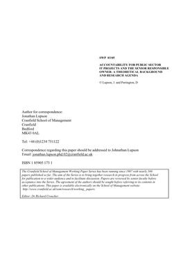 Author for Correspondence: Jonathan Lupson Cranfield School of Management Cranfield Bedford MK43 0AL Tel: +44 (0)1234 751122