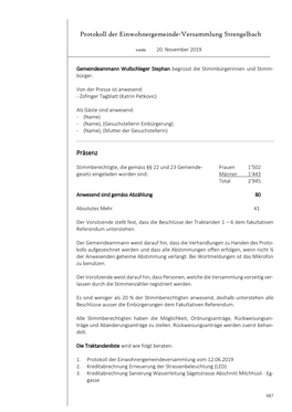 Protokoll Der Einwohnergemeinde-Versammlung Strengelbach Präsenz