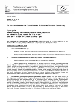 Synopsis of the Meeting Which Took Place in Rabat, Morocco on 13 March 2013, from 9 Am to 5.30 Pm and on 14 March 2013, from 9 Am to 1 Pm