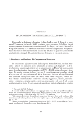 SUL DIBATTITO TRA BETTINELLI E GOZZI, SU DANTE È Noto Che La