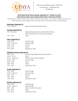 Fall Practice Period Online Schedule, September 23 – October 16, 2020