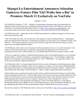 Shangri-La Entertainment Announces Sebastian Gutierrez Feature Film 'Girl Walks Into a Bar' to Premiere March 11 Exclusively on Youtube