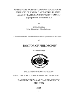 ANTIFUNGAL ACTIVITY and PHYTOCHEMICAL ANALYSIS of VARIOUS MEDICINAL PLANTS AGAINST PATHOGENIC FUNGI of TOMATO (Lycopersicon Esculentum L.)