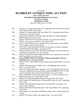 HUMBOLDT ANTIQUE TOOL AUCTION May 4, 2013, 9:30 AM Humboldt Fairgrounds Building (Events Center) 311 6Th Ave