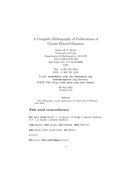 A Complete Bibliography of Publications of Claude Elwood Shannon