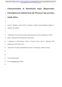 Characterisation of Metarhizium Majus (Hypocreales: Clavicipitaceae