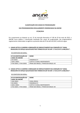 Lista Da Classificação De Canais De Programação De Programadoras Credenciadas Na Ancine 07-04-2014