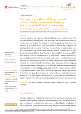 Analysis of the Shifts of Potential and Leading Sectors in Kaimana Regency Economy in the Period of 2010–2015 Yuyun P