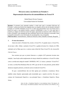 Mclaren Conta a Sua História Na Fórmula 1: Representações Discursivas Do Automobilismo Em Tooned 50