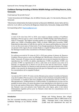 Caribbean Flamingo Breeding at Olivitos Wildlife Refuge and Fishing Reserve, Zulia, Venezuela Frank Espinoza1 & Lermith Torres2 1 Unión Venezolana De Ornitólogos, Ave