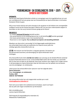 Verenigingen- En Scholenactie 2O18 – 2O19 Sparta Rotterdam
