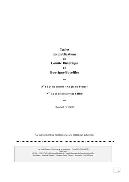 Tables Des Publications Du Comité Historique De Bouvigny-Boyeffles