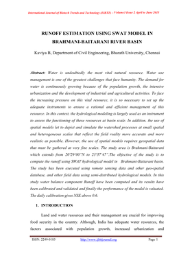 Runoff Estimation Using Swat Model in Brahmani-Baitarani River Basin