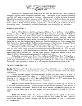 CAMWS CONVENTION INFORMATION 103Rd Annual Meeting, Cincinnati, Ohio April 11-14, 2007