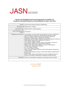 Racial and Neighborhood-Level Disparities in COVID-19 Incidence Among Patients on Hemodialysis in New York City